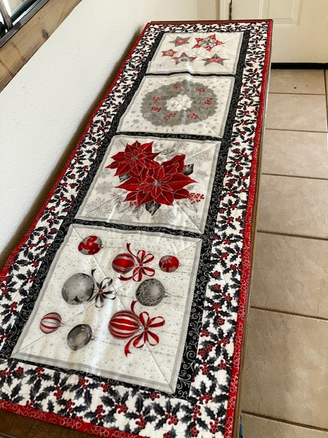 Christmas Table Runner Silver Black & Red